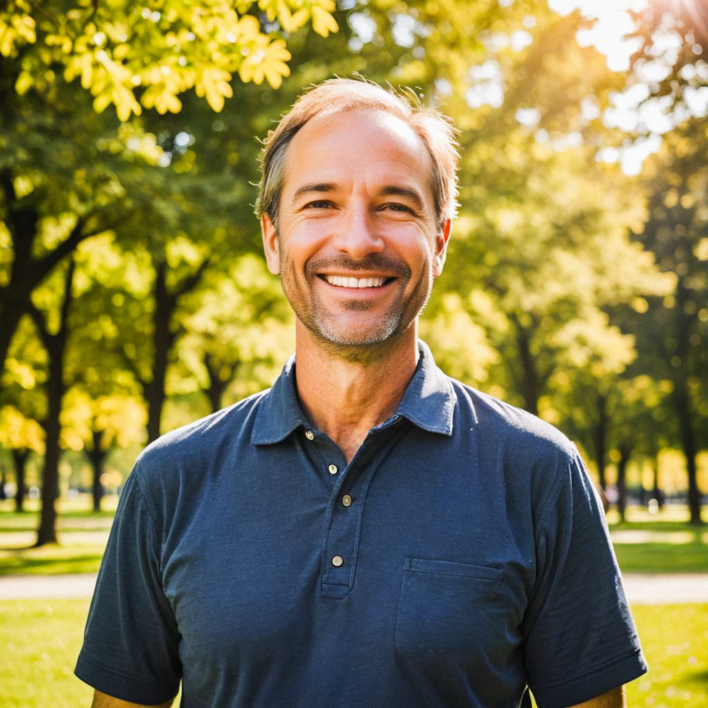 Cheerful man in sunlit park