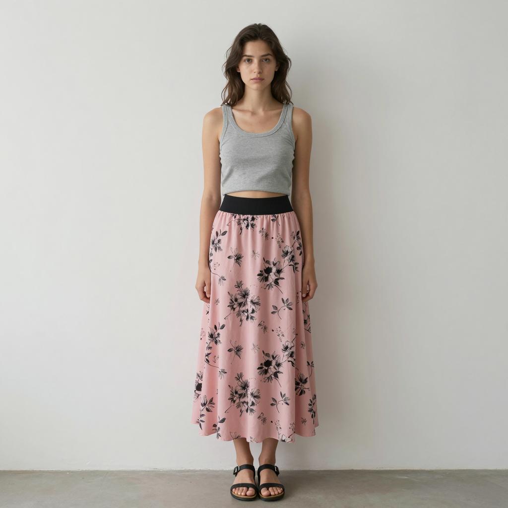 Young Woman in Casual Grey Crop Top and Pink Floral Skirt Fashion