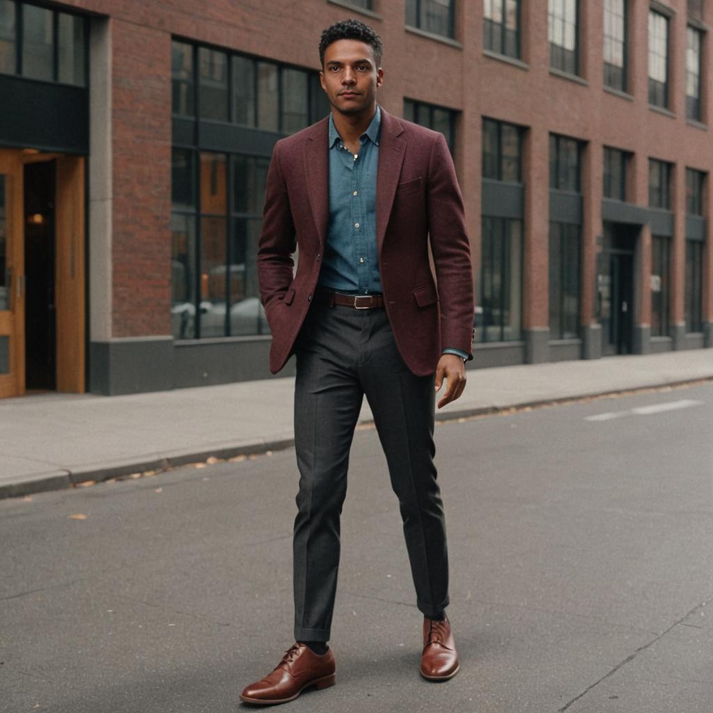 Stylish man in burgundy blazer walking in the city