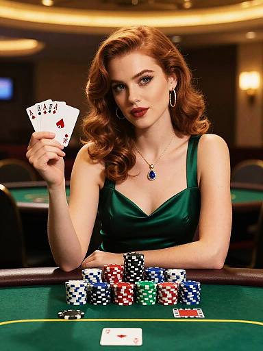 Elegant Woman Holding Royal Flush Playing Poker at Casino Table