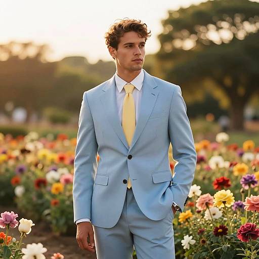 Young Man Wearing Pastel Blue Suit with Yellow Tie in Flower Garden