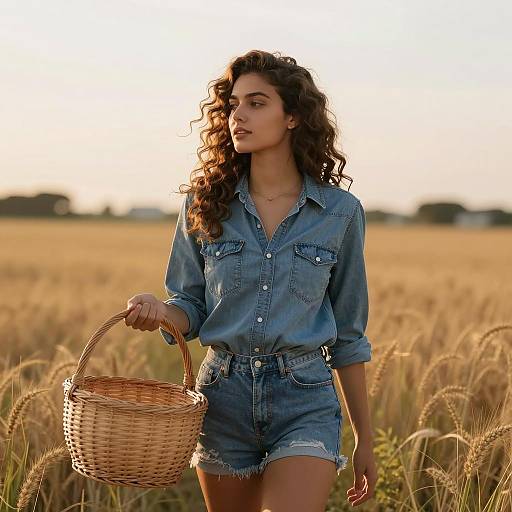 Young Woman in Denim Outfit Holding Basket in Wheat Field at Sunset