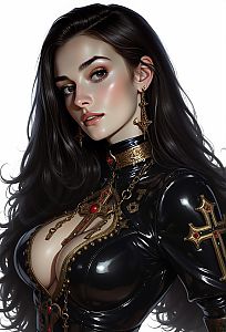 Fantasy Gothic Woman in Black Glossy Outfit with Gold Crosses Digital Art