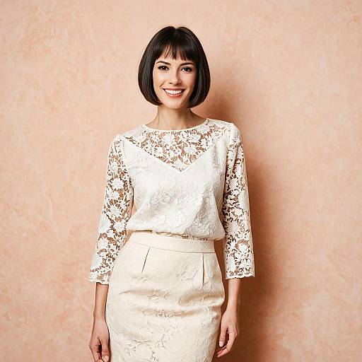 Elegant Woman in White Lace Outfit with Bob Haircut on Peach Background