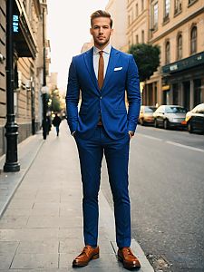 Man in Trendy Blue Suit Standing on City Street