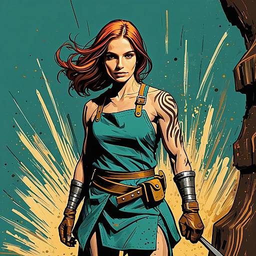Red-Haired Woman with Tribal Tattoo in Comic Book Style Artwork