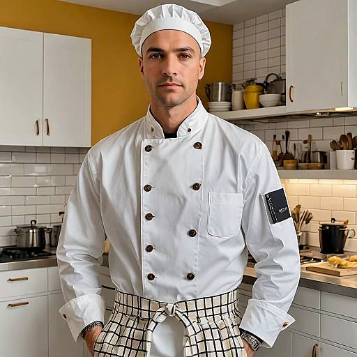 Professional Male Chef in White Uniform with Checkered Apron in Modern Kitchen