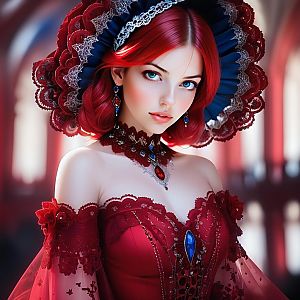 Young Woman in Victorian Red Lace Gown with Red Hair