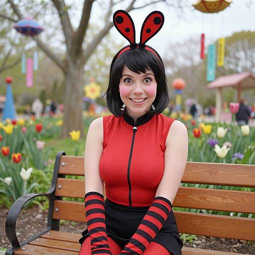 Woman in Ladybug Cosplay Costume Sitting on Bench in Tulip Garden