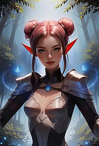 Fantasy Elf Woman Warrior in Mystical Forest Digital Illustration