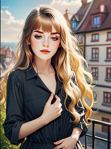 Anime Young Woman with Blonde Hair on Balcony Illustration