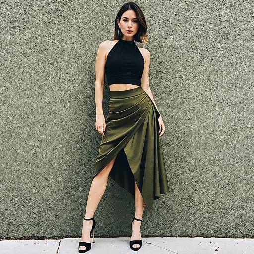 Woman in Sexy Black Halter Crop Top with Olive Green Asymmetric Skirt
