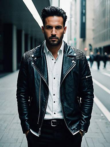 Man in Modern Fashion Outfit with Studded Leather Jacket Cinematic Realism