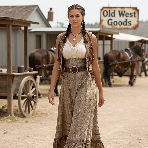 Woman in Vintage Western Dress on Old West Street with Horse Carriages