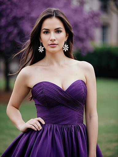 Elegant Woman in Strapless Purple Gown with Floral Hoop Earrings