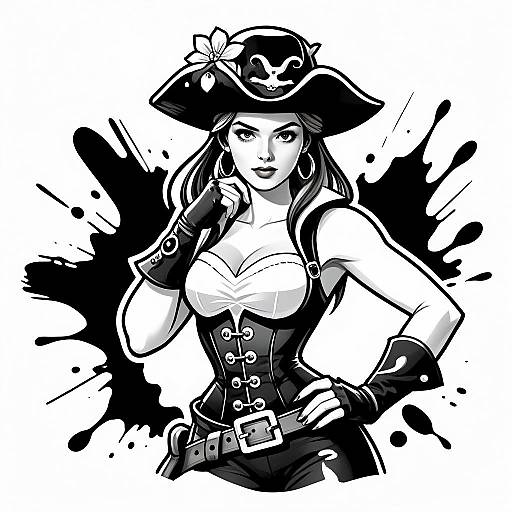 Confident Pirate Woman Digital Illustration in Black and White