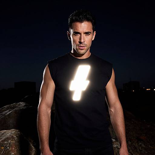 Man Wearing Black Sleeveless Shirt with Glowing Lightning Bolt at Night