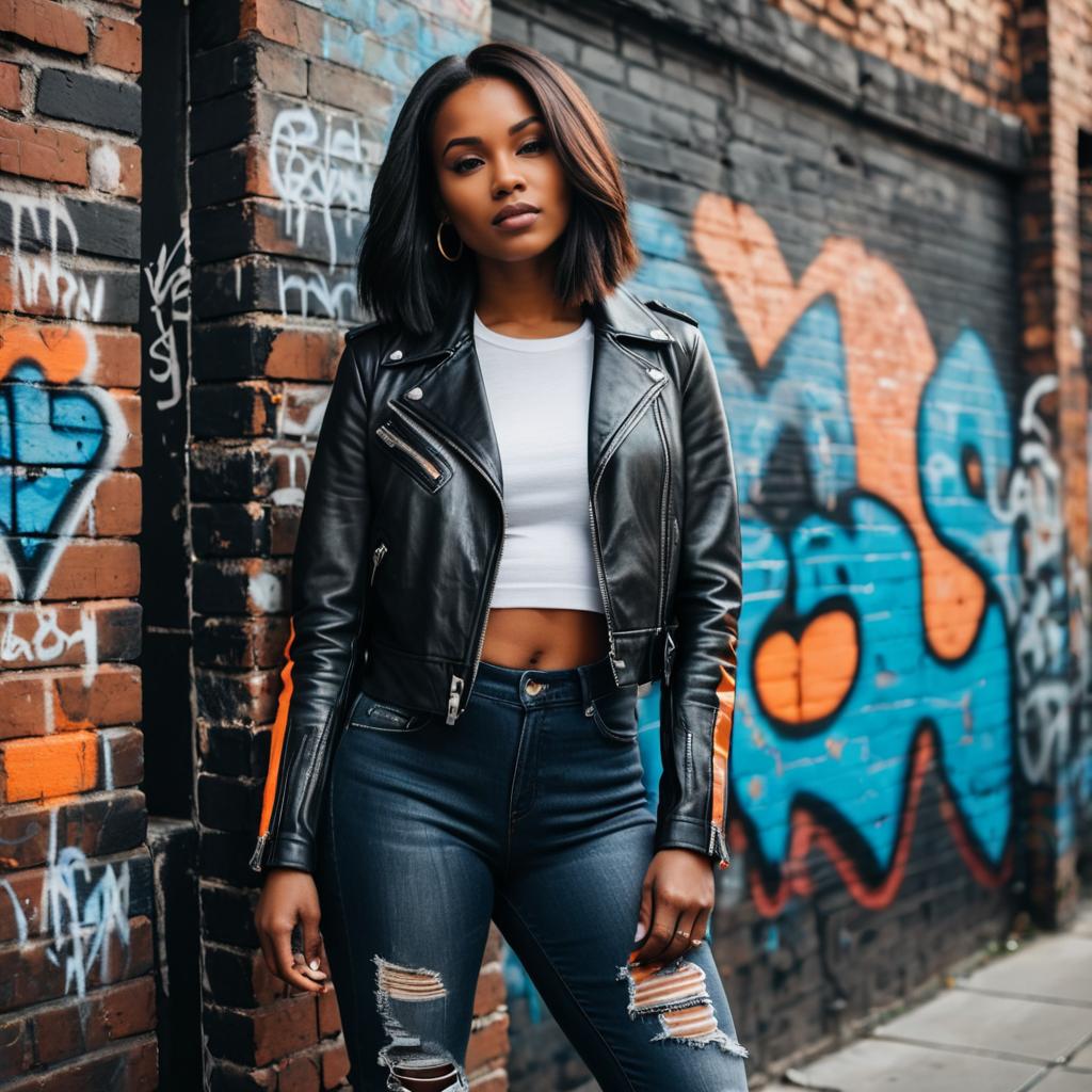 Confident Young Woman in Urban Graffiti Style Confident Young Woman in Urban Graffiti Style