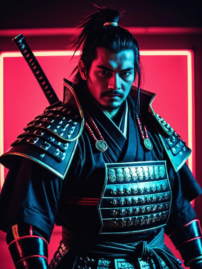 Man in Detailed Samurai Costume Cosplay Portrait with Neon Background