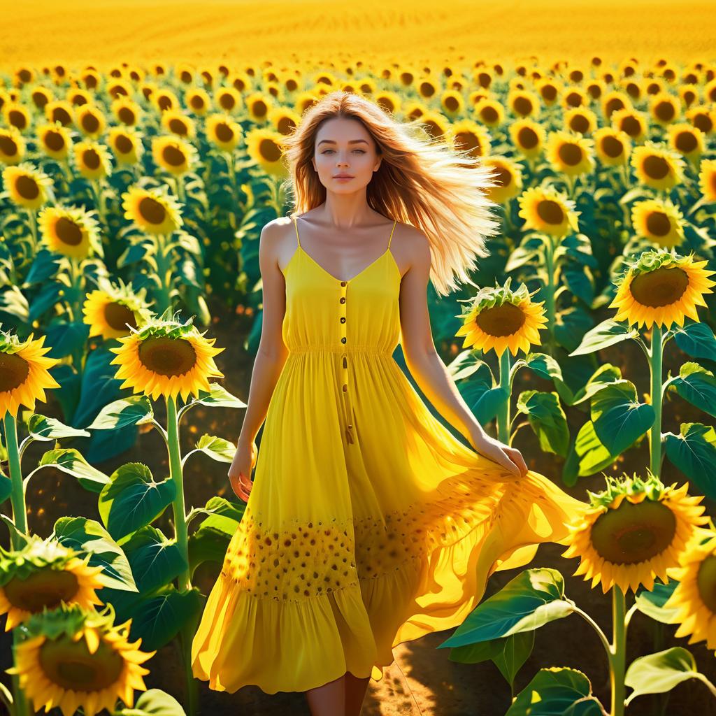 Woman in Yellow Dress in Sunflower Field