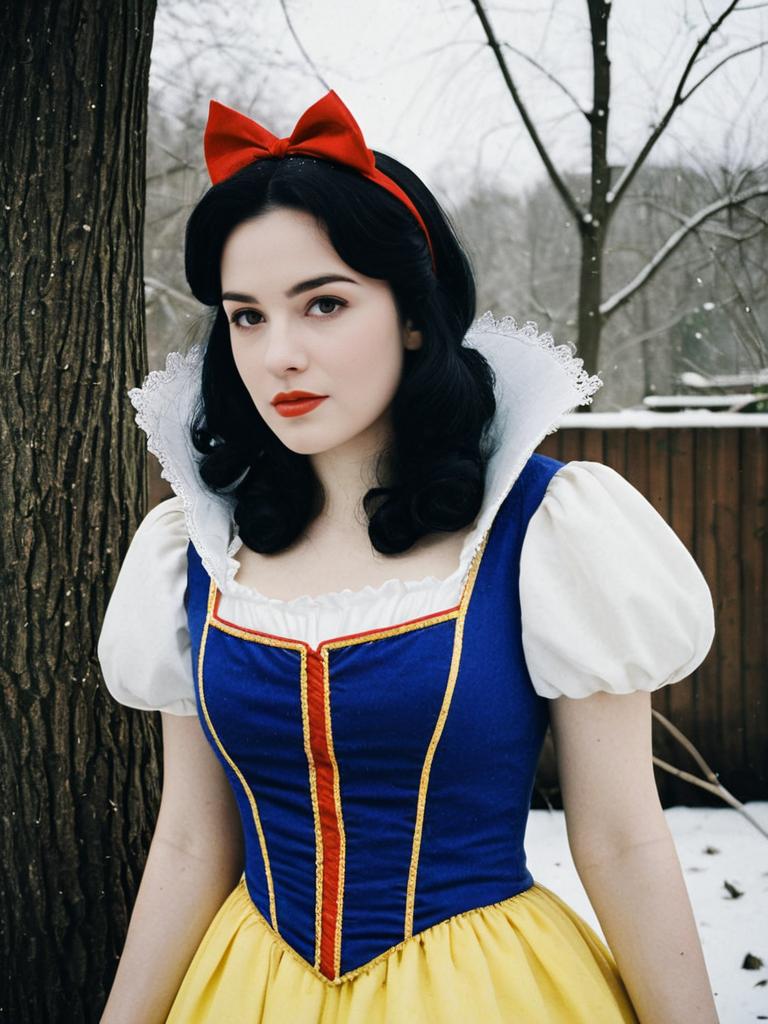 Woman in Fairy-Tale Costume in Snowy Woodland
