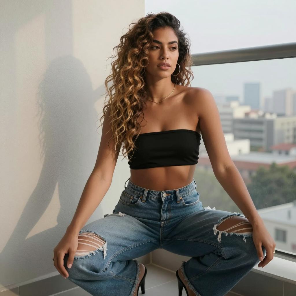 Confident Woman in Black Tube Top and Ripped Jeans on Balcony