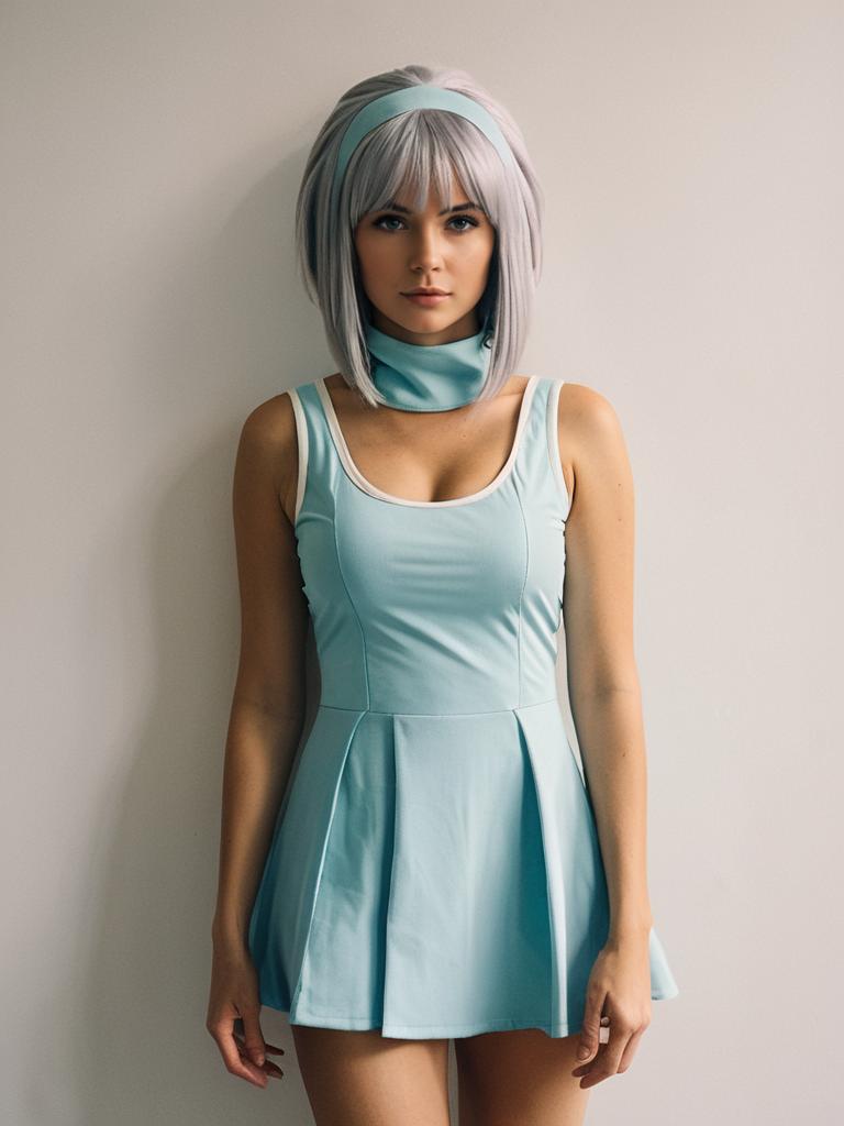 Realistic Sheila Cosplay Costume Worn by Woman in Light Blue Dress