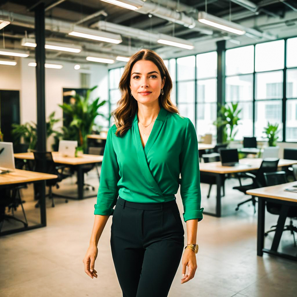 Confident Woman in Green Blouse in Modern Office