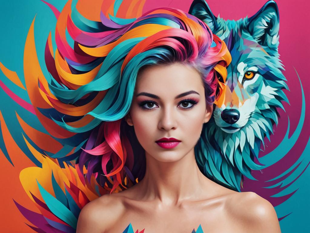 Woman with Vibrant Wolf Cut and Colorful Wolf Illustration