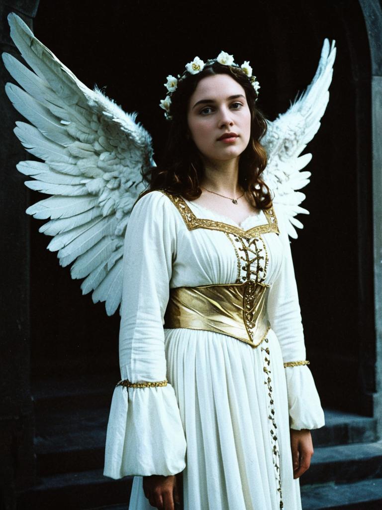 Romeo Juliet Angel Costume Woman Wearing Renaissance White Dress and Wings