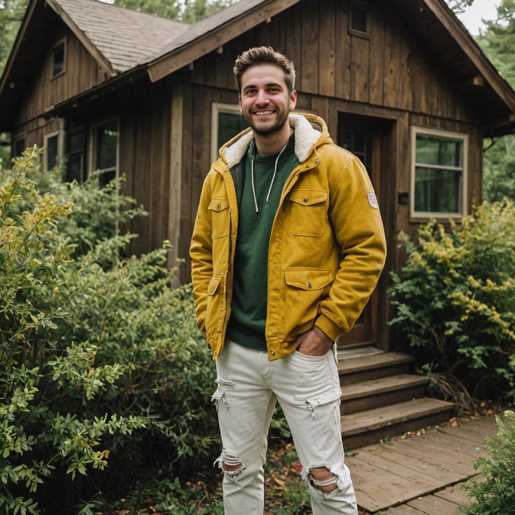 Smiling man in trendy yellow jacket by cabin