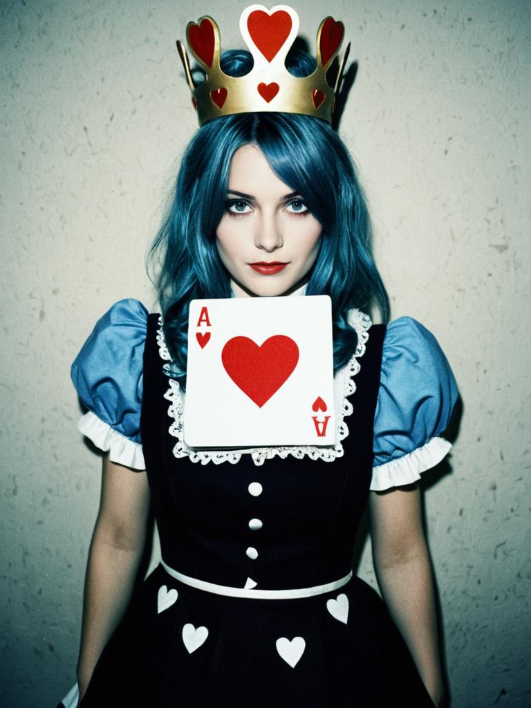 Woman in King of Hearts Costume with Blue Hair and Ace of Hearts Card