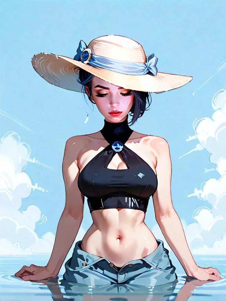 Stylized Young Woman in Water Wearing Wide-Brimmed Hat and Halter Top - Digital Anime Artwork