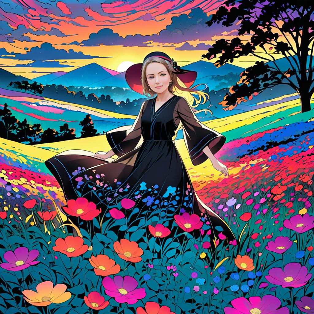 Anime Woman in Black Dress in Flower Field at Sunset