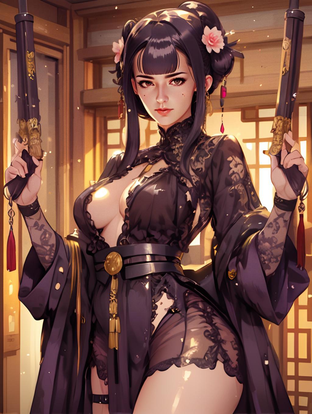 Anime Woman in Elegant Black Lace Outfit Holding Ornate Pistols