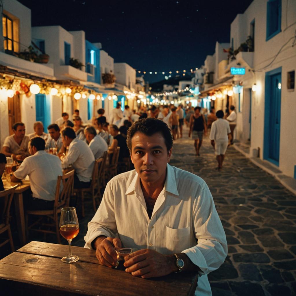 Man enjoying wine at outdoor cafe in Mykonos evening