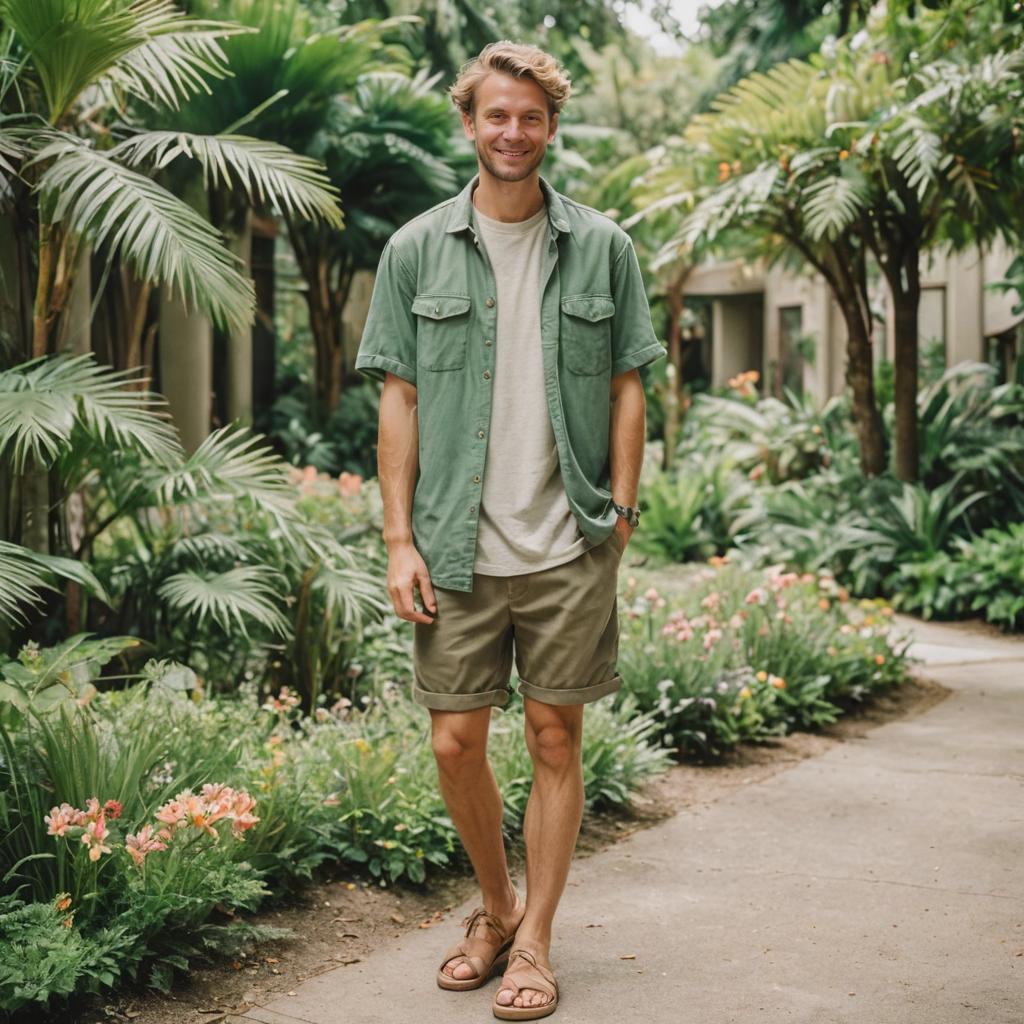 Smiling man walking in a lush garden