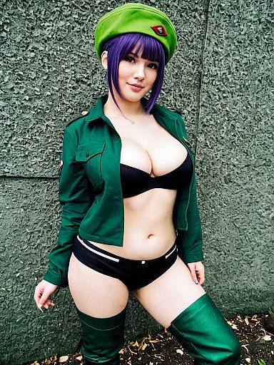 Araga Kiwi Cosplay Woman in Green Military Style Outfit with Purple Hair