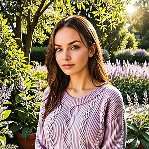 Young Woman in Lavender Sweater in Garden