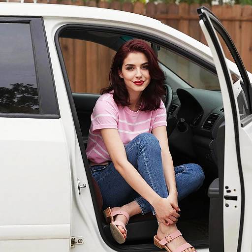 Young Woman Sitting in White Car Doorway Wearing Casual Pink and Blue Outfit