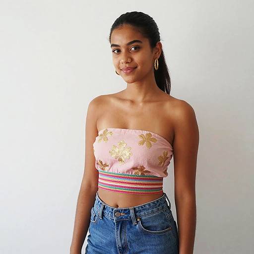 Young Woman in Pink Floral Strapless Crop Top and Blue Jeans