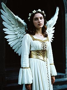 Romeo Juliet Angel Costume Woman Wearing Renaissance White Dress and Wings