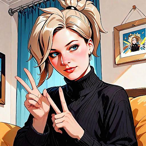 Digital Illustration of Blonde Woman in Black Turtleneck Making Peace Sign