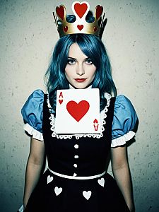 Woman in King of Hearts Costume with Blue Hair and Ace of Hearts Card