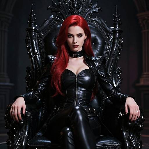 Confident Red-Haired Woman in Black Leather Gothic Throne Portrait
