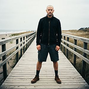 Confident Man on Beach Boardwalk