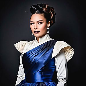 Elegant Woman in Blue and White Garment