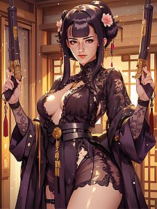 Anime Woman in Elegant Black Lace Outfit Holding Ornate Pistols
