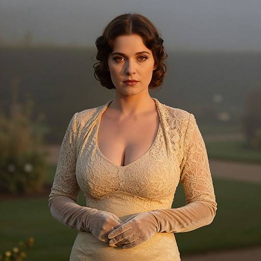 Vintage Style Woman in Lace Dress and Velvet Gloves Outdoor Portrait