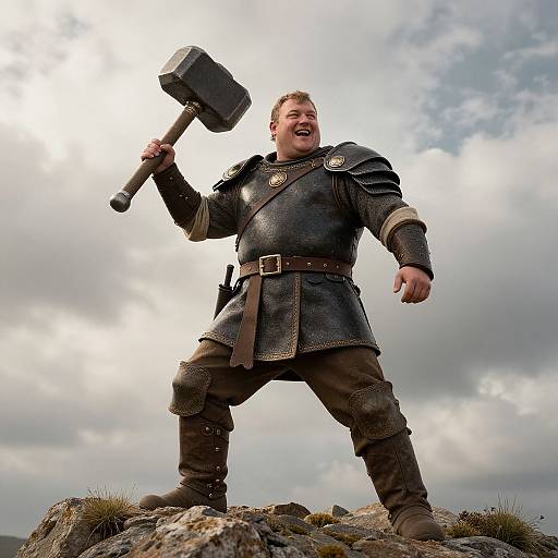 Medieval Warrior Man with Hammer on Rocky Hilltop